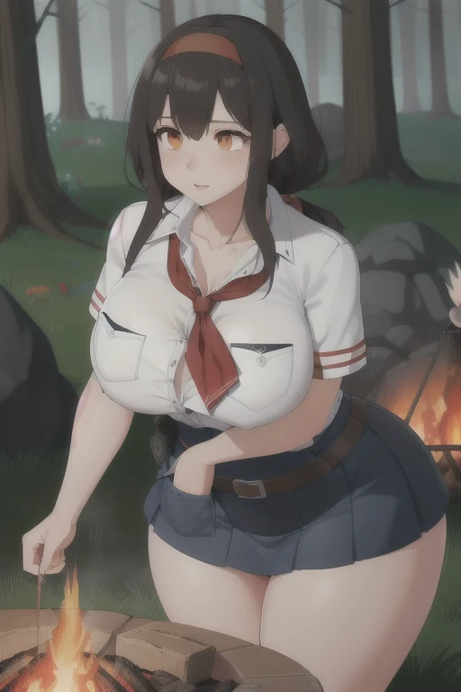 ((highreasterpiece, high quality, best quality, beautiful, perfect lighting, detailed face, ultra cute face, 1girl, solo, black hair, long hair, orange eyes, big breasts, thick thighs, wind lift, outdoors, grass, field, forest, pioneer neckerchief, pioneer...