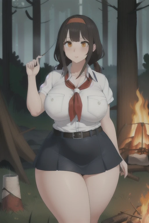 ((highreasterpiece, high quality, best quality, beautiful, perfect lighting, detailed face, ultra cute face, 1girl, solo, black hair, long hair, orange eyes, big breasts, thick thighs, wind lift, outdoors, grass, field, forest, pioneer neckerchief, pioneer...