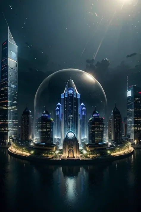 Imagine a futuristic city immersed under a glass dome, où les robots et les humains coexistent en harmonie