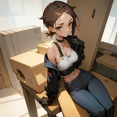 sitting、slender、big breasts、Goggles on foreheadをつけている、small ass、A slender and delicate mechanic girl、Roomy clothes、Dowel dowel trousers、oversized cargo pants、It&#39;s a bellybutton、Front zip high neck top、crop top、bare shoulders、off shoulder、work gloves、Go...