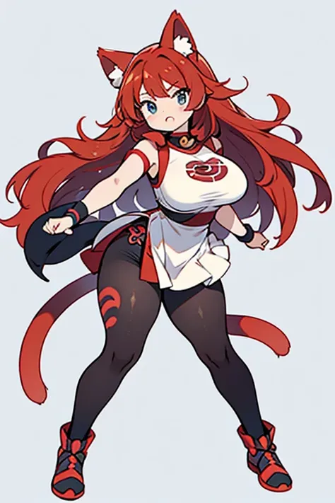 Human Gaogaen Pokemon; big breasts;full body;Costumes inspired by Gaogaen Pokemon;wrestling;female;black eye;Red hair;No background;background white;Cat ear;thick thighs;black tights