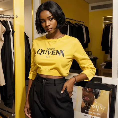 A black skin with black hair woman wearing a yellow top with black trouser inside a boutique with a sign at her side saying queen uc classic in english