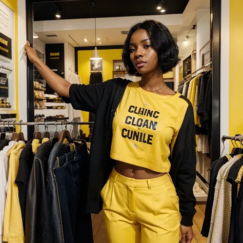 A black skin with black hair woman wearing a yellow top with black trouser inside a boutique with a sign at her side saying queen uc classic in english