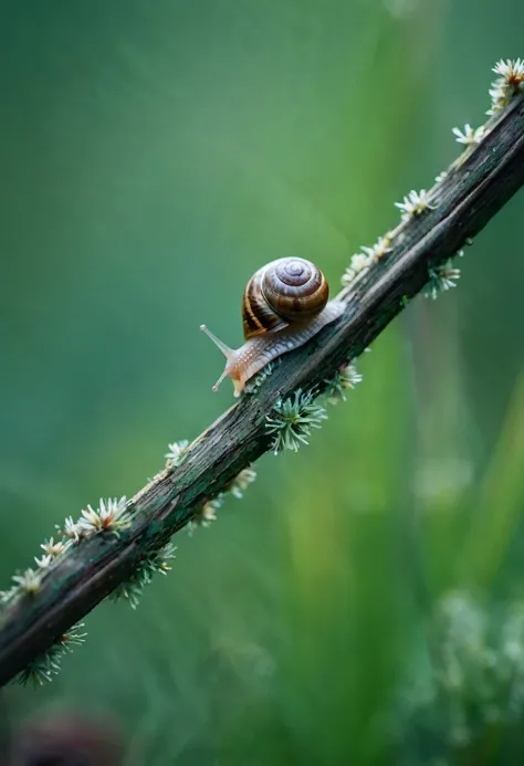 a tiny snail in garden on dead branches and grass, in the style of leica m10, ethereal hues, fujifilm pro 800z, fujifilm pro 400h -