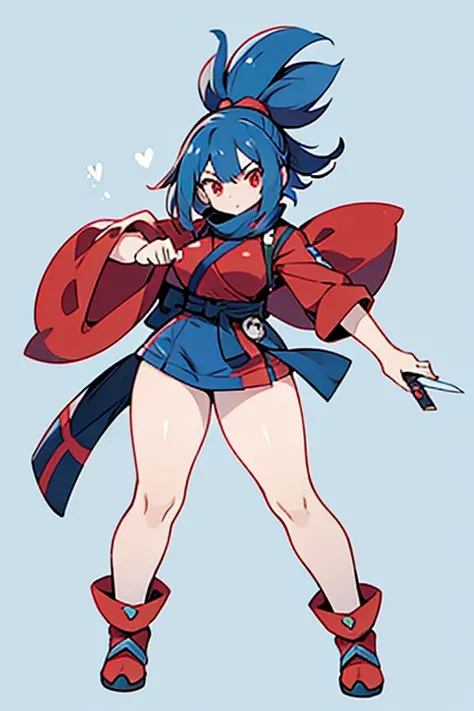 Human Gekkouga Pokemon;full body;Outfits inspired by Gekkouga Pokemon;Kunoichi;red muffler;blue clothes;red eyes;female;big breasts;blue hair;background white;No background;knife;thick thighs