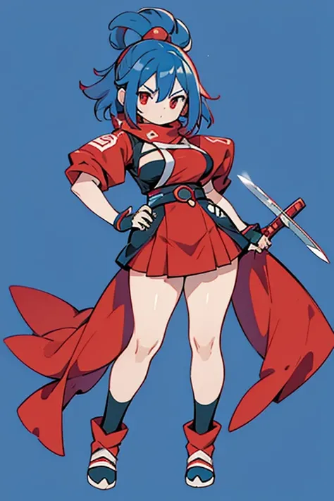 Human Gekkouga Pokemon;full body;Outfits inspired by Gekkouga Pokemon;Kunoichi;red muffler;blue clothes;red eyes;female;big breasts;blue hair;background white;No background;knife;thick thighs