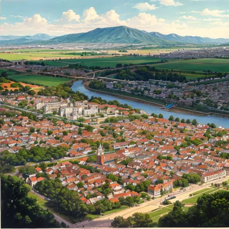 A color photo of a large, heterogeneous town from 1850 from above