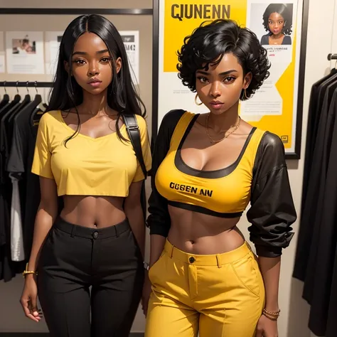 A black skin with black hair woman wearing a yellow top with black trouser inside a boutique with a sign at her side saying queen uc classic in english