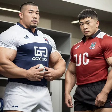 inside club locker room, facing each other, (rugby uniform:1.2), Japanese man, Chinese man, Korean man, Taiwanese man, manly face, round face, monolid eyes, (buzz cut:1.4), very large and strong body, bulging muscles, very large pectoral muscles, muscular ...