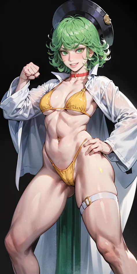 ((black background)) Tatsumaki kneel on WHITE sheet, short bob hair green hair, GREEN EYES, yello bikini, flight attendance hat, leather choker collar slave, lustful smirking smile face red blushed red cheeks,  (hands on hips, clenching fist 👊 ✊️)