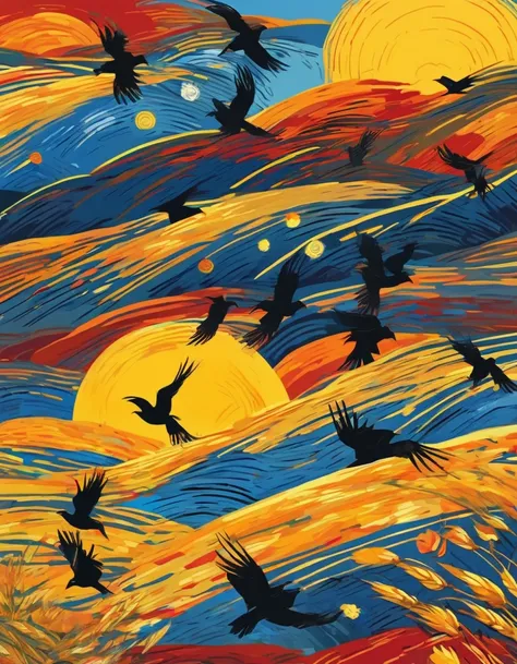 flat vector art, van gogh style, sunset, rural landscape, wheat field, crows, yellow, orange, red, blue, thick paint, strong brushstrokes, vibrant colors, swirling patterns, simple shapes, large sun, crows as accent