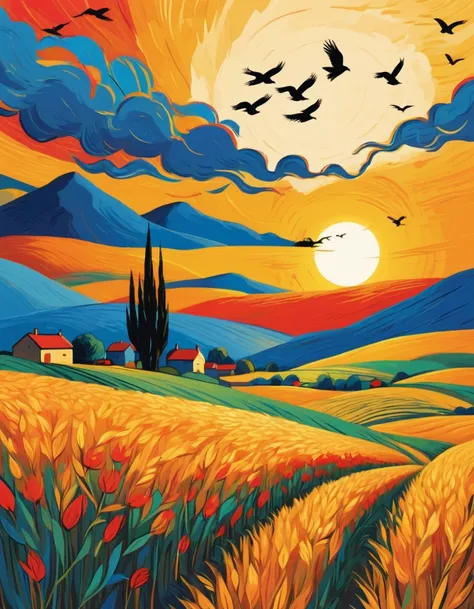 flat vector art, van gogh style, sunset, rural landscape, wheat field, crows, yellow, orange, red, blue, thick paint, strong brushstrokes, vibrant colors, swirling patterns, simple shapes, large sun, crows as accent