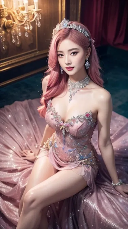 adult woman、Luxurious and gorgeous、Fabulous、rich、detailed embellished dress、flower decoration、pastel colour、diamond accessories、Feet should be elegantly aligned、correct posture、dark lips、smile、Angle from above、looking at the camera、cute pose、pink hair colo...