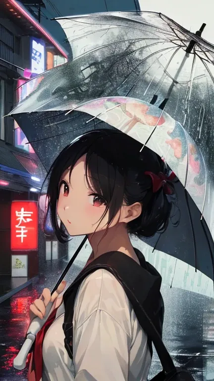 ultra high resolution、supreme masterpiece、rain、umbrella、Showa retro scenery