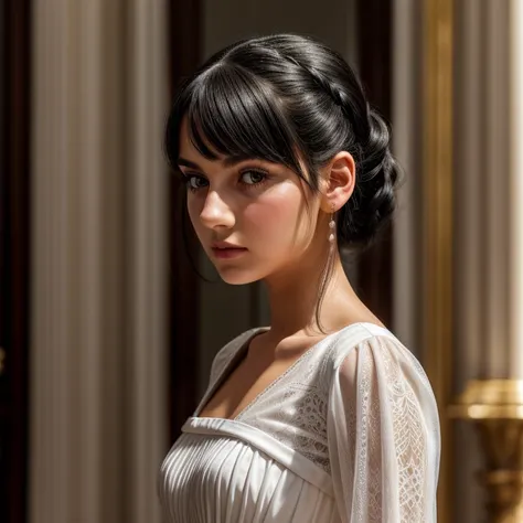 Girl, (european face), black hair, high hairstyle, white dress, ballroom, face focus, looking at viewer 