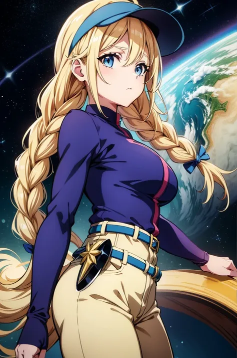 a cartoon woman with long blond hair standing in front of a planet, 1girl, solo, breasts, blue eyes, blonde hair, long hair, twin braids, looking at viewer, hairband, large breasts, belt, braid, long sleeves, blue hairband,baseball cap