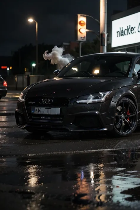 A black Audi TT RS in the rain with smoke and punks around 