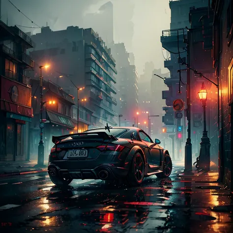 (NSFW, (((masterpiece, Best Quality, photograph realistic))), (Shiny wet surfaces), (nfsw, 8k Wallpaper, High resolution), Dramatic lighting, Realistic rain effect, Smoke simulation, Abandoned urban setting, Grungy textures, (A black Audi TT RS), Rain-soak...