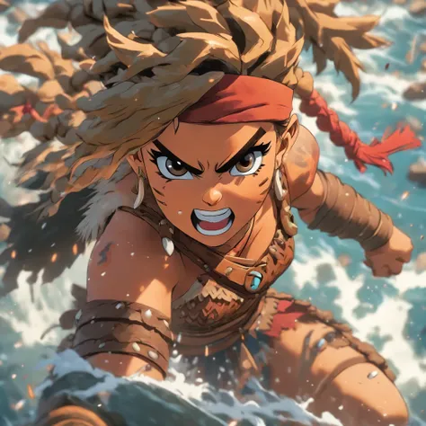 Fantasy cartoon artistic image of hyper realistic. highly detailed birds eye view shot of a barbarian warrior female coming out of water.