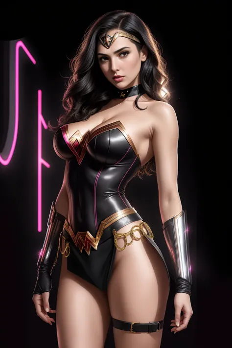 there is Gal Gadot as Wonder Woman standing, 3 d neon art of a womans body, neon-noir background, cyberpunk femme fatale, seductive cyberpunk dark fantasy, cyberpunk strip clubs, cyberpunk 20 y. o model girl, oppai cyberpunk, banner, high definition cgsoci...