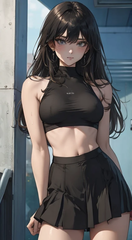 (masterpiece, best quality:1.2), 1girl, solo,standing_split, 
Yuuki Mikan, long hair，black sleeveless short crop top，pink skirt，black, ((nsfw)), ((loose crop top)), (transparent clothes), (wet clothes)