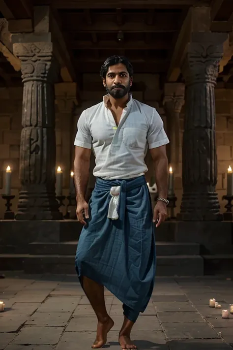 Very high definition photorealistic image of a cultured Indian man, intelligent face, 30-year-old, toned body, smartly trimmed black beard, black hair, collar length hair, hair combed back, wearing an (((indigo blue dhoti))), blue dhoti, and a (((white col...