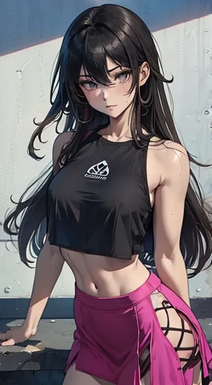 (masterpiece, best quality:1.2), 1girl, solo,standing_split, 
Yuuki Mikan, long hair，black sleeveless short crop top，pink skirt，black, ((nsfw)), (((loose crop top))), (transparent clothes), (wet clothes)