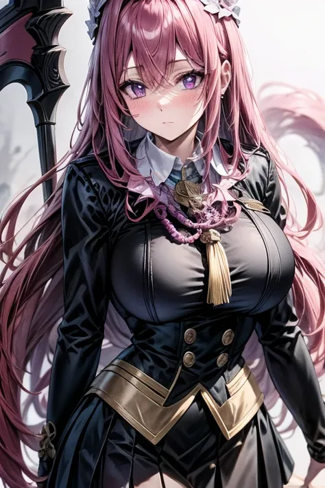 A pink haired woman with violet eyes in an hourglass figure is wearing a conservative student uniform is spinning her scythe in the field