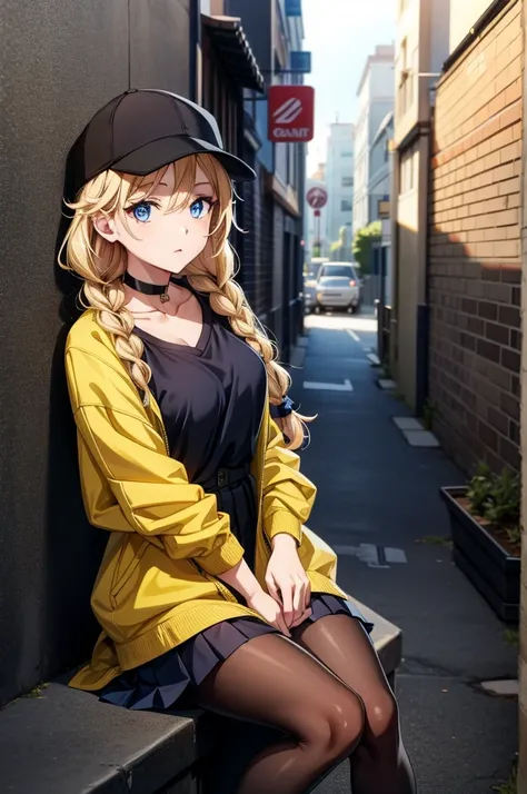 this is another character walking on the street and the main character is sitting on the bed with a cell phone, 1girl, hat, blonde hair, skirt, blue eyes, jacket, black headwear, pantyhose, braid, choker, shirt, looking at viewer, baseball cap, white shirt...