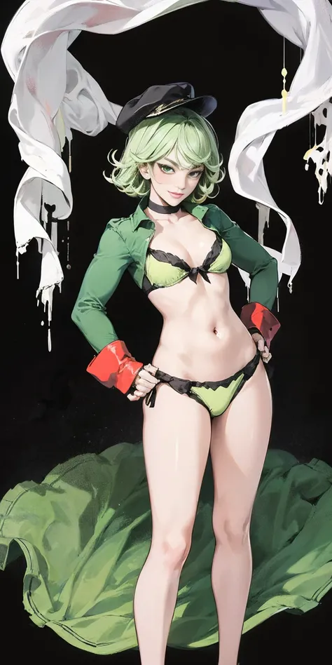 ((black background)) Tatsumaki kneel on WHITE sheet, short bob hair green hair, GREEN EYES, yello bikini, flight attendance hat, leather choker collar slave, lustful smirking smile face red blushed red cheeks, (hands on hips, clenching fist 👊 ✊️)