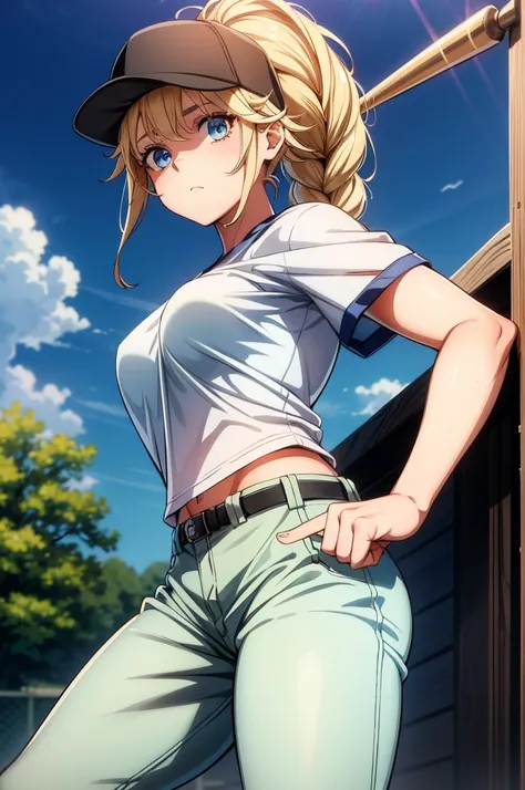 a female baseball player with blonde ponytail holding bat and baseball glove, 1girl, baseball cap, outdoors, solo, blue eyes, hat, blonde hair, braid, long hair, shirt tucked in, holding, short sleeves, shirt, day, looking at viewer, sky, breasts, pants, s...