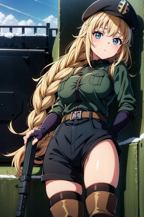 pov, (best quality, ultra-detailed, highres, hyper detailed, anime pictures), beautifully nonna (girls und panzer), black long hair, blue eyes, large breast, dark green winter coat, dark green military pants, black military gloves, abashiri city, hokkaido,...