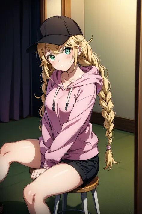 a female anime character sitting on a stool giving the finger a male character in a hoodie leaning back as she points her finger, 1girl, long hair, hat, sitting, solo, baseball cap, braid, shorts, hood, hoodie, green eyes, blonde hair, breasts, pointing, i...