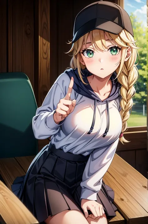 a young woman sitting in lap position on desk pointing finger at viewer, 1girl, solo, sitting, hat, hood, breasts, baseball cap, hoodie, long hair, green eyes, blonde hair, braid, skirt, looking at viewer, twin braids, blush, pointing, collarbone, large br...