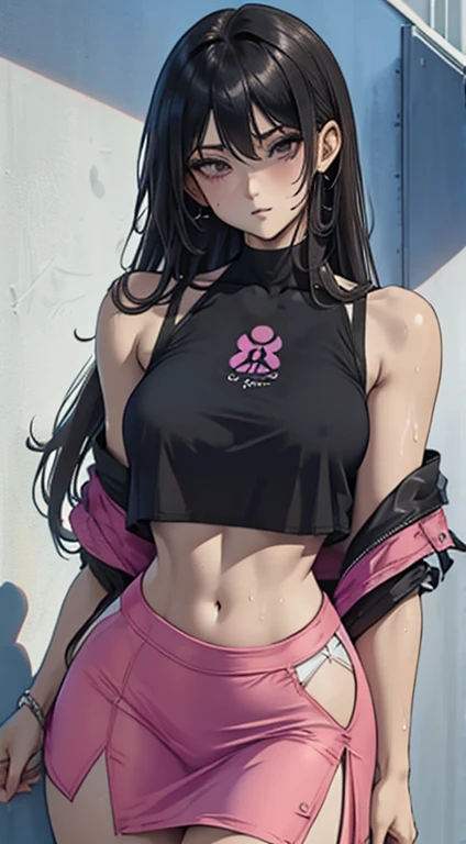 (masterpiece, best quality:1.2), 1girl, solo,standing_split, 
Yuuki Mikan, long hair，black sleeveless short crop top，pink skirt，black, ((nsfw)), (((loose crop top))), (transparent clothes), (wet clothes), hour glass figure, curvy hips