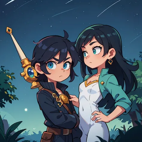 ((masterpiece, Best quality)), ((style-swirlmagic):0.4), 
1 prince in knightly costume,, dark blue hair, green eyes , and one girl, black hair, and blue eyes,,night sky moon happy, bright, colorful,  fantasy,
