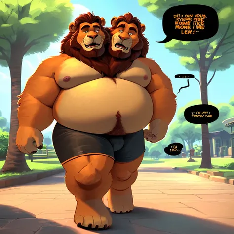 solo, (lion), two heads one body, two headed identical conjoined twin brothers, (adult male, 50 year old male, (detailed eyes:1.2, cartoon eyes), (stylized 3d, by disney, by rembrandt), by pixar, by dramamine, (burly, manly, beefy, obese:1.3, orange fur, b...