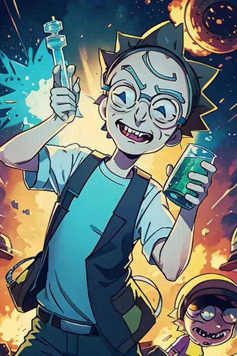 rick and morty, experiment with beakers on hand, safety glasses, smiling face, explosion, detailed face features