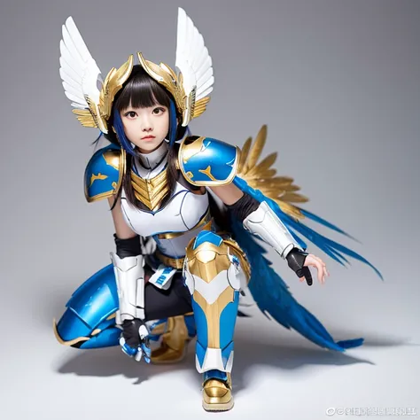 Cartoon. Plain white background. Full-length photo. Looking down from above. Super deformed. Beautiful squatting heroine wearing blue and gold and white hawk armor with white hawk head.