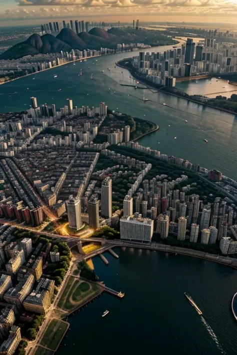 Foto realista de drone de uma cidade, ultra detalhado, buildings like Manhattan, Chicago, horizonte como Paris, Londres, rio de janeiro, São Paulo, grandes monumentos perto do horizonte, cinematic lighting, dia, filmado no RED Dragon