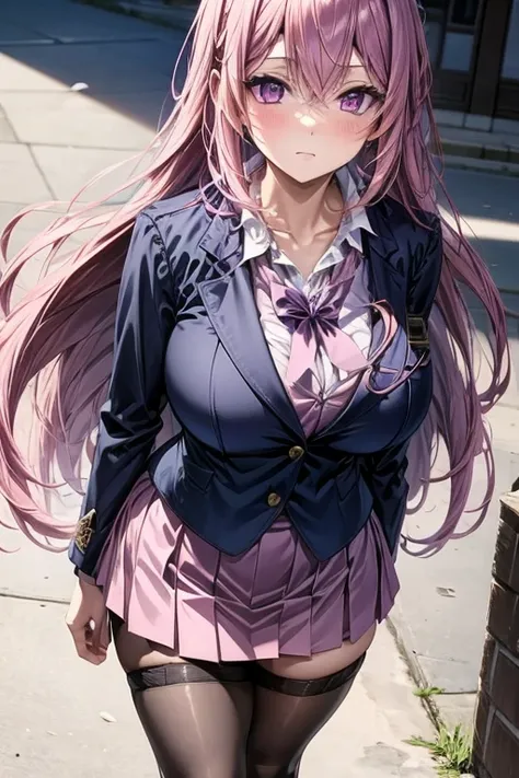 A pink haired woman with violet eyes in an hourglass figure is wearing a conservative student uniform is running through the campus