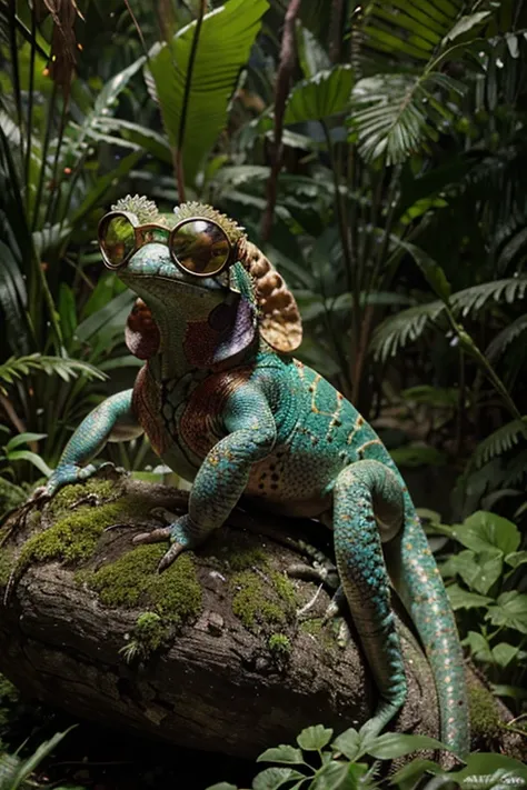 In the heart of the jungle, a chameleon adorned in colorful 90s hip-hop attire stands on a mossy rock, adjusting its oversized sunglasses as it tunes its boombox to the beats of the wild.