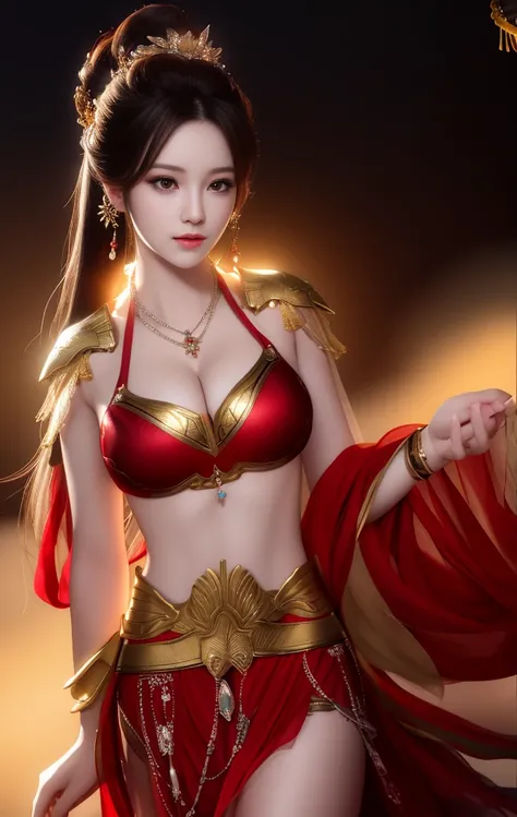 Best Quality, Masterpiece, High Resolution, 1 Girl, Red Metallic Bikini Armor, Cuirass Gold Pattern, Porcelain Skirt, Hair Accessories, Necklace, Jewelry, Beautiful Face, Physics, Tyndall Effect, Realism, Dark Studio, Edge Lighting, Two-tone Lighting, (Hig...