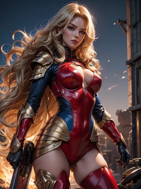 Best quality, 8K, action pose, woman vintage super hero, beautiful and detailed face, blonde curly long hair,big eyelashes,LOOKING TO observer,red and blue metalic armour over bodystocking, black belt,over the knee boots,white neutral scenario