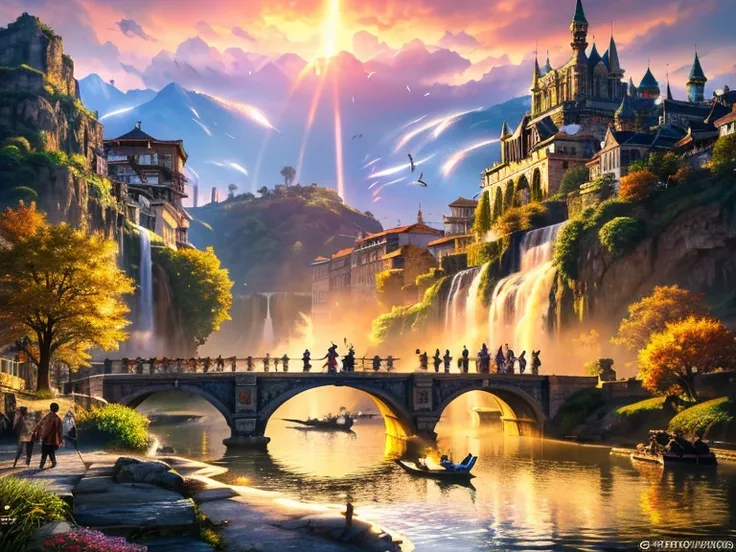 "(masterpiece:1.2), very intricate details, ff14style, dynamic paintings, Depicted a bustling mysterious city with a majestic bridge across a sparkling river, Surrounded by huge waterfalls from which towering mystical birds emerge。. The vast landscape is、E...