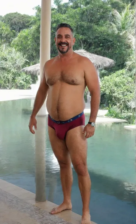 Homem de cueca, sorrindo, cueca, bojo grande,big dick, corpo robusto e encorpado, big daddy body, aparenta 30 anos 