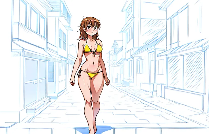 drawing of a woman in a bikini walking down a street, realistic proportions sfw, anime proportions, ecchi anime style, hands behind her body pose!, ecchi style, realistic body proportions, oppai proportions, colored sketch anime manga panel, realistically ...