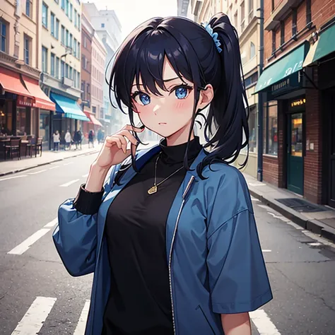 masterpiece, best quality, city, street, looking at viewer, upper body, 1girl, dark blue hair, medium hair, side ponytail, hair tie, blue eyes, blue jacket, black shirt, short sleeves, medium breasts, blush