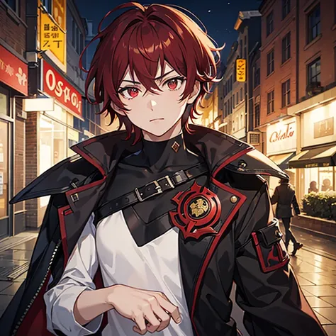 masterpiece, best quality, city, street, looking at viewer, upper body, 1male, dark red hair, short hair, messy hair, male hair, dark red eyes, black and red armored jacket