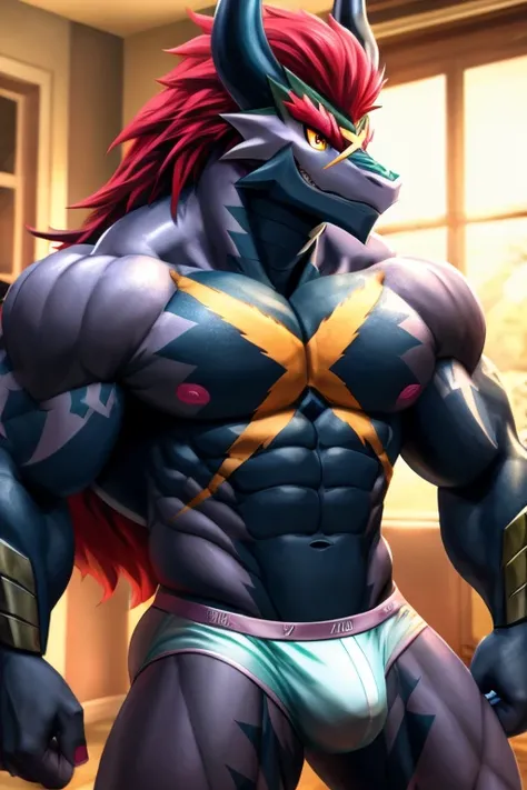 Batzz,Future Card Buddy fight,dragon,male,aldult,alone,4K,best quality,looking at the audience,Upper body exposed,bare chest,chest muscles, pink nipples, Six-pack abs,biceps,Cross scar on chest,dragon tail,anatomically correct,pride,soft shadow,Majestic de...